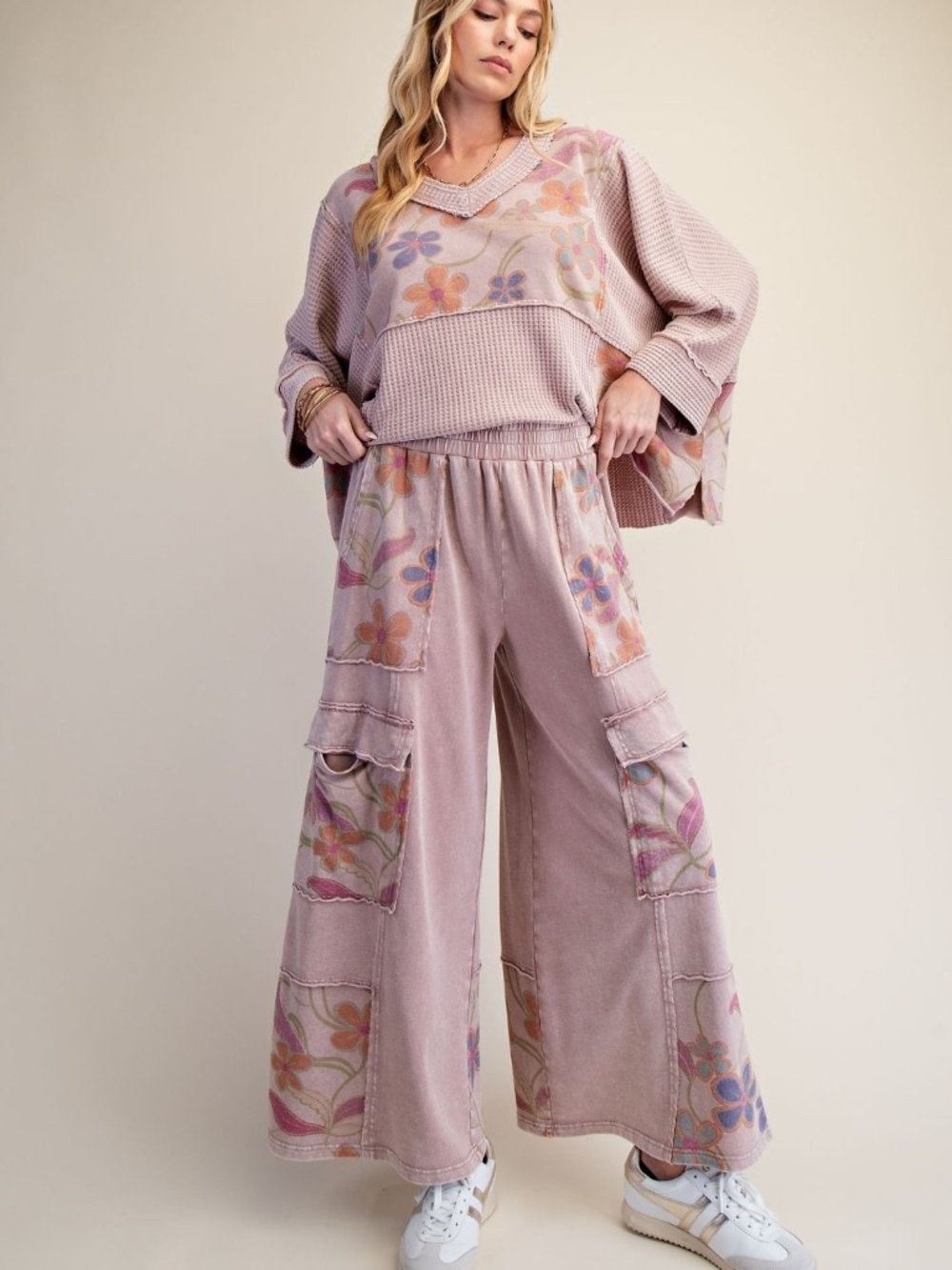 New Easel Knit Pants Boho Floral Washed Terry Relaxed Wide Leg Pull On Cargo - Picture 3 of 5